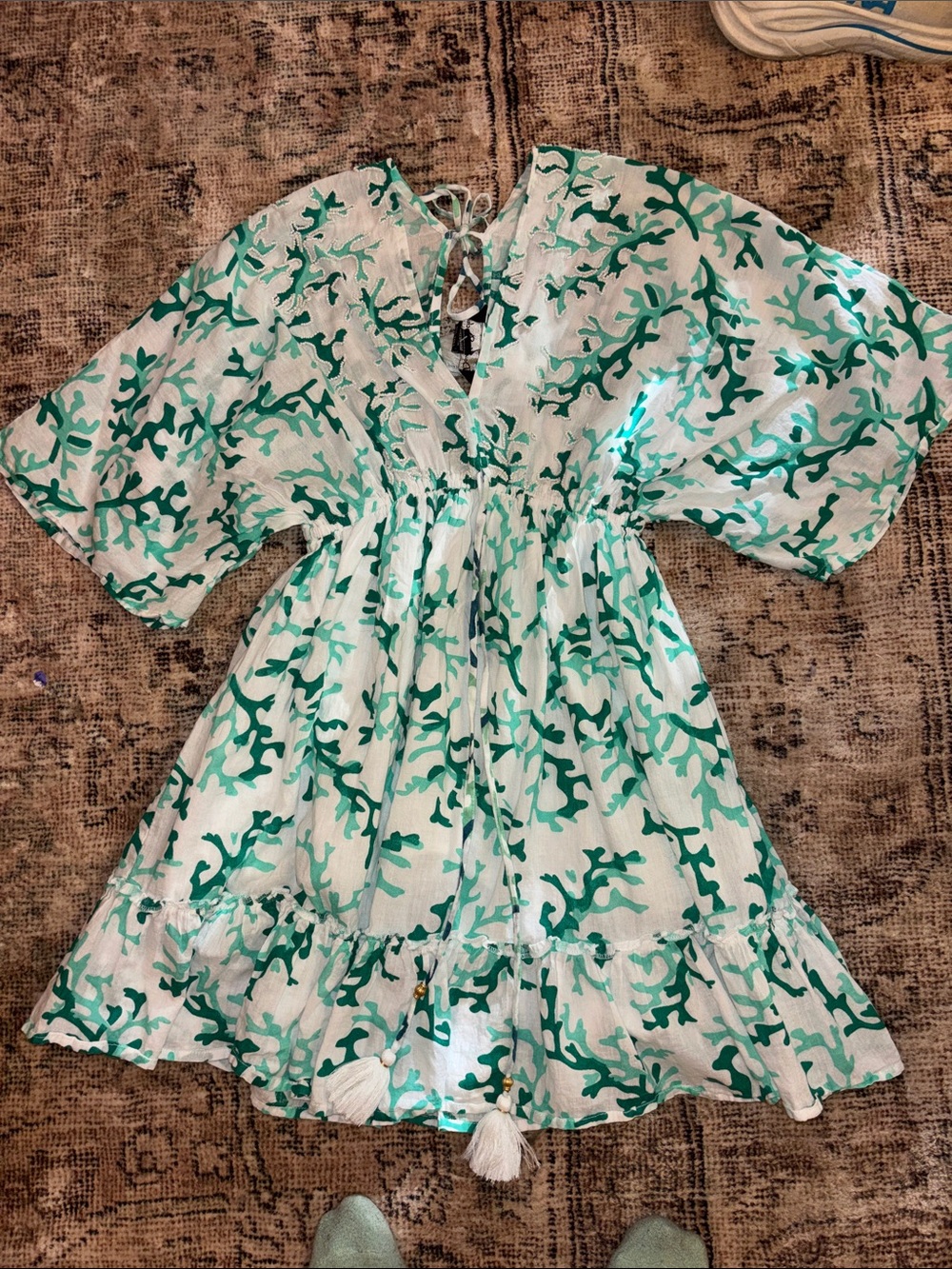 Green Coral Print Womens Dress with Tassel Tie - Picture 1 of 10